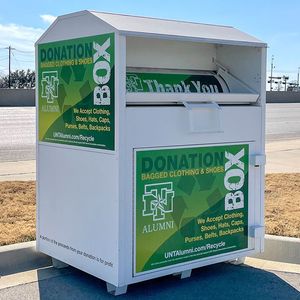 Clothing Donation Recycling Bin Powder Coated Steel Front Loading Hooded Top Rectangular Outdoor Campus Community Receptacle