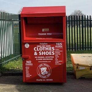 Clothing Donation Recycling Bin Powder Coated Steel Hooded Top Outdoor Community Park Receptacle