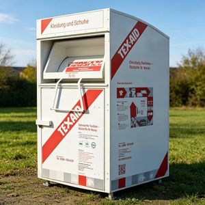 Clothing Donation Recycling Bin Coated Steel Vertical Front Loading Modern Outdoor Street Community Cabinet