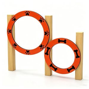 Pet Training Dog Park Jump Hoop Double Ring Paw Bone Graphic Orange Wooden Backyard